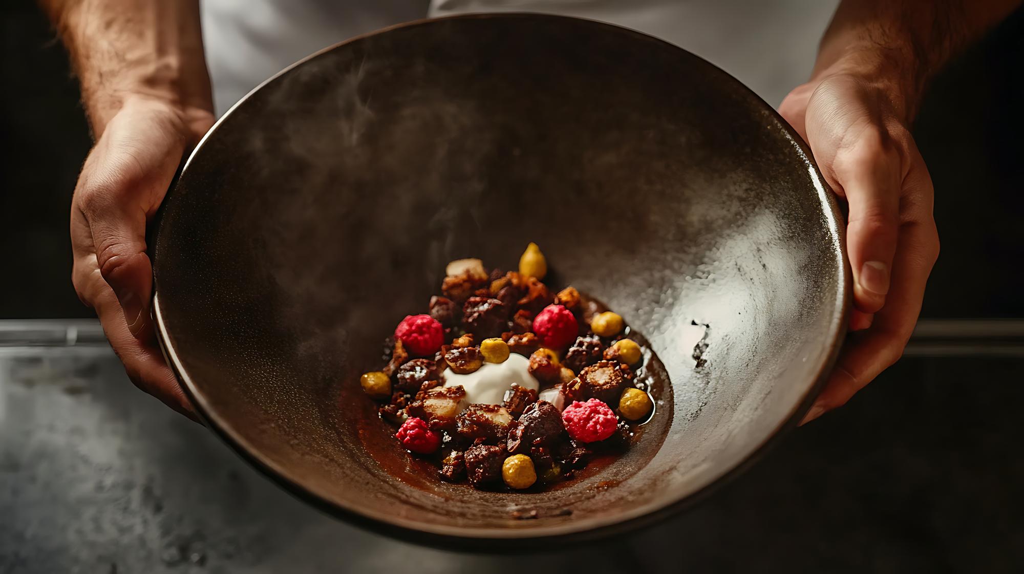 Chef arranging a plated seasonal dish in rustic kitchen